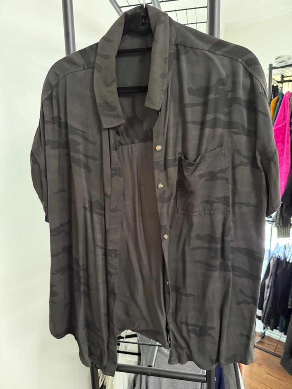 Sanctuary Black and Charcoal Camouflage Short Sleeve Button-Up